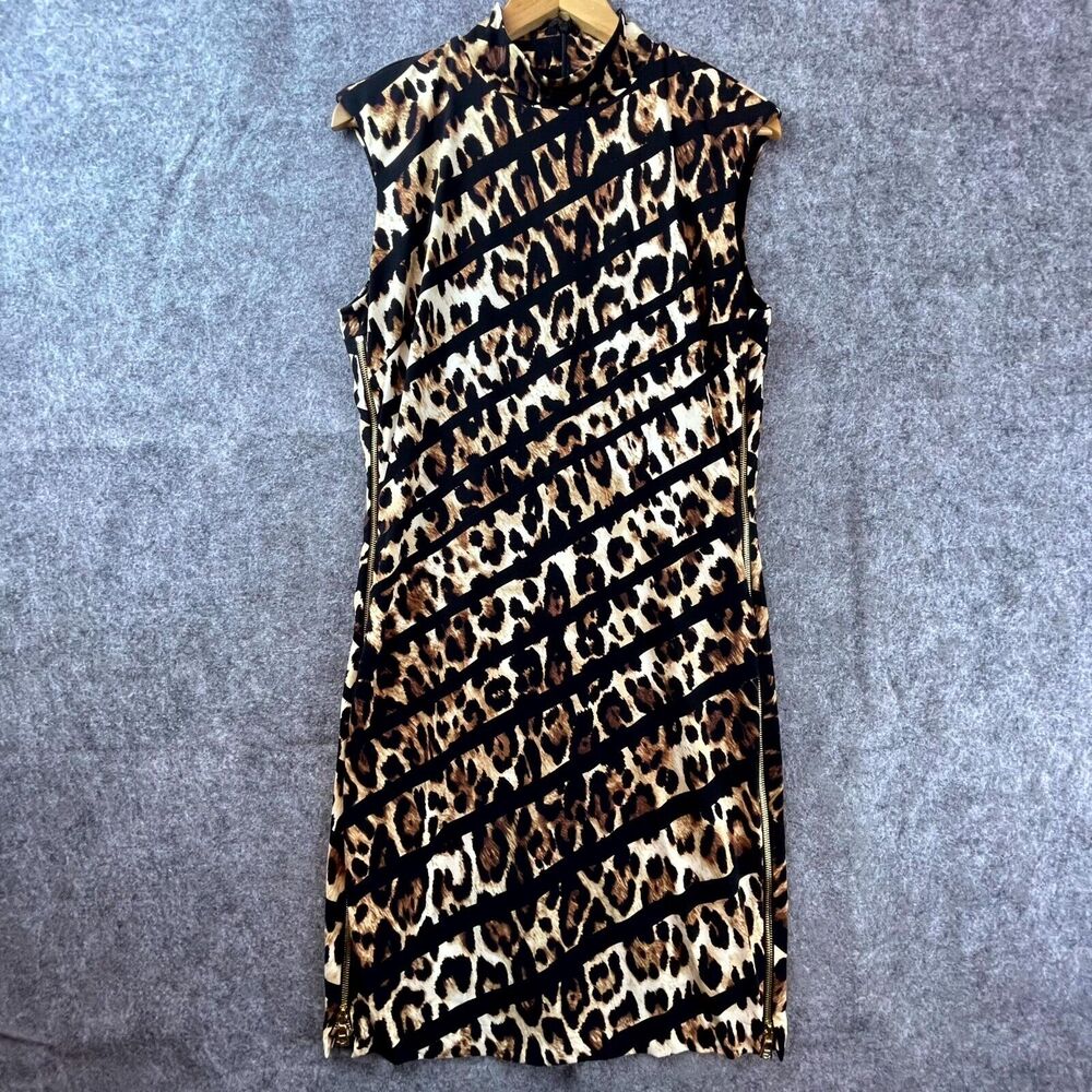 Cache Dress Large Leopard Print Stretch Side Zip Maximalist Luxe Mobwife 90s Y2K